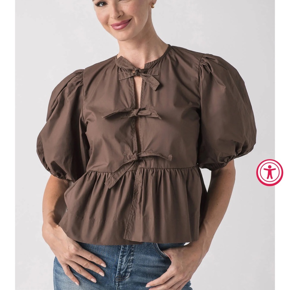 Olivaceous tie front peplum puff sleeve top S
